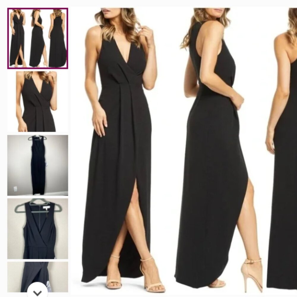 NWT Dress The Population Ariel Black Maxi Dress Gown Surplice V Neck High Slit S